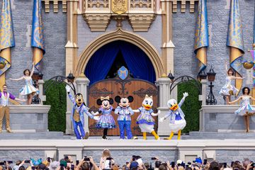 Disney characters outside of Cinderella's castle at Disney World