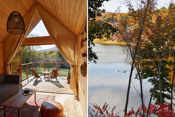 Scenes from the Catskills in autumn, including the view from an A Frame cabin at Eastwind, and kayakers on the Delaware River