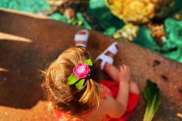 A little girl looking into water at turtles at a coral nursery in the Bahamas