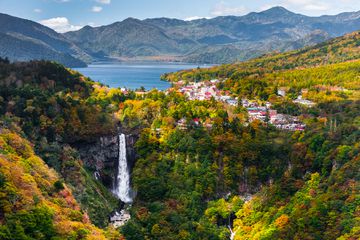 View from observatory area of Nikko shown the overall panoramic perspective of Nikko National Park with famous falls and lake Chuzenji during autumn season, Nikko, Tochigi, Japan.