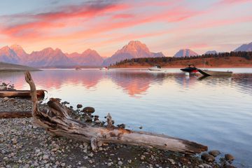 Overview of Jackson Lake before sun rise at Grand Teton National Park, Wyoming USA.