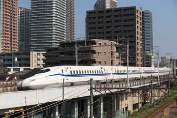 A N700S Shinkansen bullet train test runs between Shinagawa and Shin-Yokohama stations on June 26, 2018 in Kawasaki, Kanagawa, Japan.