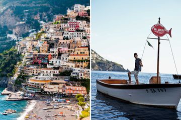 Two photos from Italy's Amalfi Coast, including houses at Positano, and a boat used by restaurant Da Adolfo