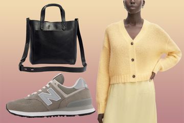 Collage of New Balance shoes, a black purse and a yellow cardigan and skirt on a model.