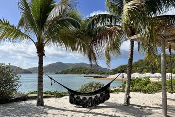 Black woven hammock between two palms at Aerial Buck Island resort
