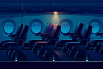 Illustration of airplane cabin at night time, dark plane economy class cockpit with seats side view.