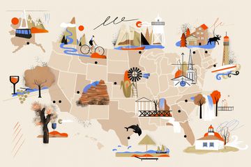An illustrated map of the U.S. that highlights the small towns mentioned in the article