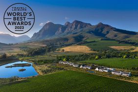 Aerial view of mountains and vineyard at Babylonstoren