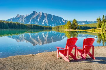 Tranquil landscape with Mt Rundle reflecting in Two Jack Lake, Banff National Park, Alberta Canada on a sunny morning.