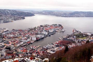 Aerial view of Bergen from Scandinavian railway through Norway in winter 
