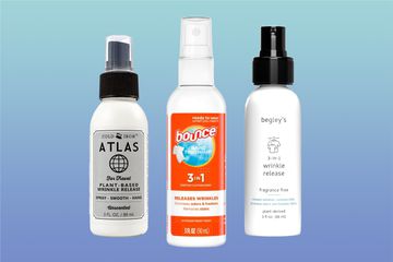 Collage of wrinkle-release sprays we recommend on a blue background