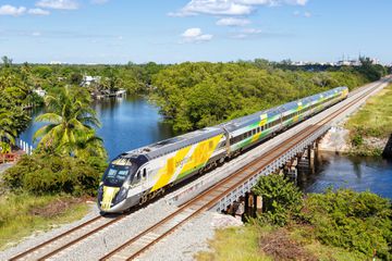 Brightline private inter-city rail train in Deerfield Beach in Florida, United States.