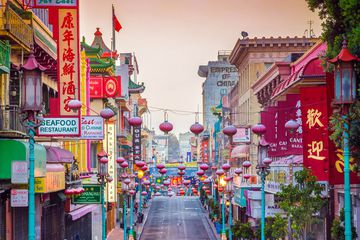 Famous San Francisco's Chinatown, the oldest Chinatown in North America and the largest Chinese enclave outside Asia, in beautiful morning light at sunrise, California