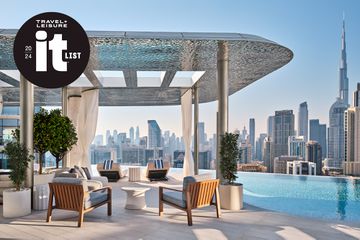 Pool terrace of The Lana hotel, with views of Dubai