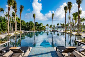 Large palm trees surrounding wide pool with ocean view at Conrad Tulum