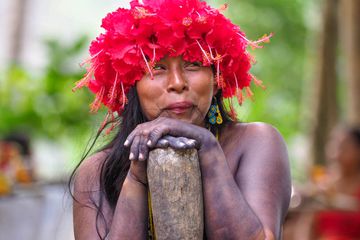 A portrait of an indigenous person of Panama near Darian National Park in a floral head crown