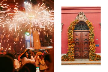 Pair of photos from Oaxaca, one showing a Day of the Dead parade and fireworks, and one showing a colorful doorway surrounded by flowers
