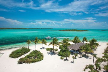 Aerial view of private beach at Fowl Cay