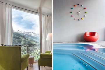 Pair of photos from Haus Hirt hotel in Austria, one showing views from the hotel, and one showing the pool