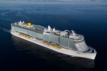 Aerial view of the Costa Cruises, Costa Toscana ship out at sea 