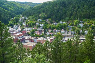 A panoramic overview of Deadwood, South Dakota as seen from one of the peaks of the Black Hills.