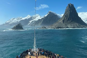 The Oosterdam ship by Holland American Line sailing past Elephant Island in Antarctica 