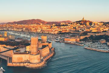 Aerial view of Viuex Old Port of Marseille during sunset in France