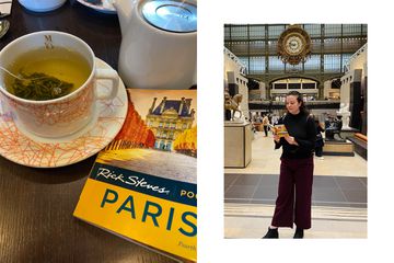 A cup of tea with Rick Steves' Paris Guide book and a woman reading his Paris Guidebook 