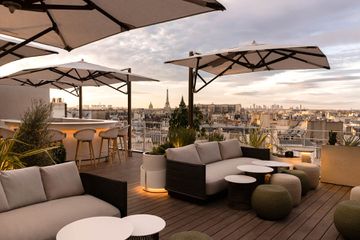 Panoramic view of Paris from the rooftop bar at HÃ´tel Dame Des Arts 