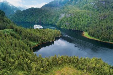 Aerial view of a Seabourn ship in the Misty Fjords, Alaska
