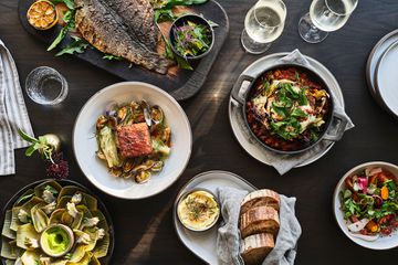 Overhead view of dishes served at Mattei's Tavern 
