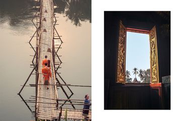 Pair of photos from Laos, one showing monks crossing a bridge, and one showing a view of trees from a window