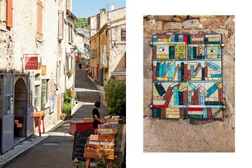 Pair of photos from Montolieu, one showing a street with bookshops, and one showing a detail of shutters painted to look like bookshelves