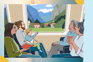 An illustration showing grandparents, their children and granchild on a train