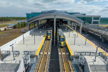 Aerial shot of two trains in the Orlando station