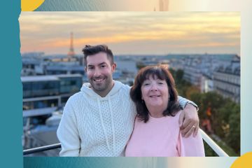 Mother and adult son in Paris at sunset 