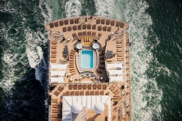 Drone shot of the pool deck on the Queen Anne Cruise ship