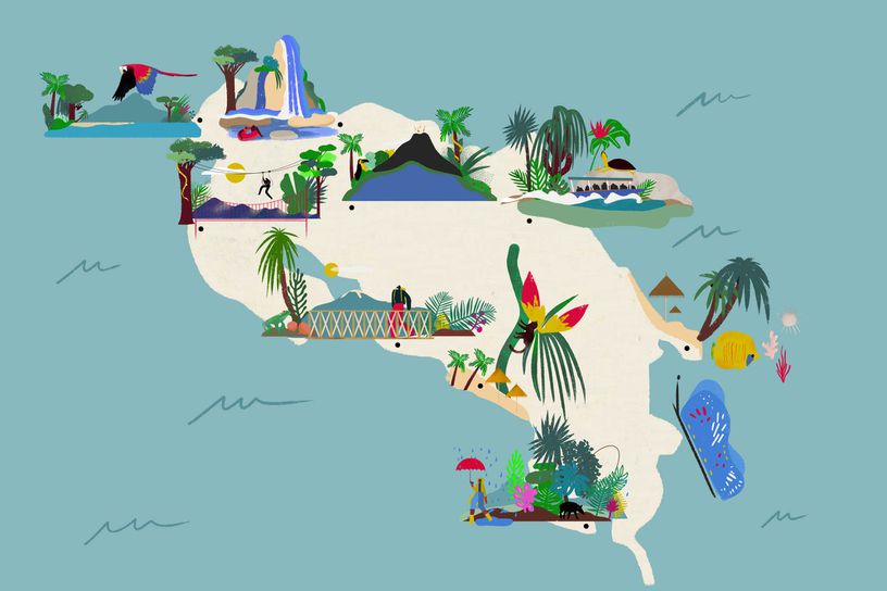 Illustrated map of Costa Rica highlighting the rainforests mentioned in the story text