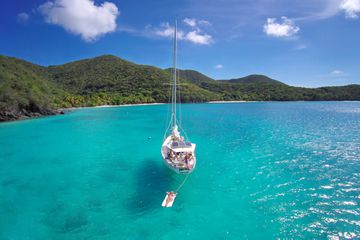 Aerial view of a sailboat moored in St.John, USVI 