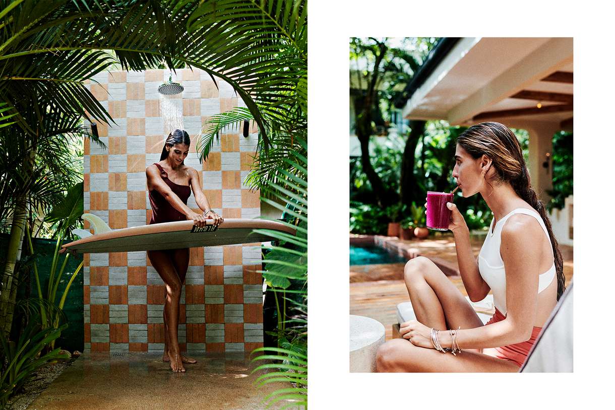 Pair of photos from Costa Rica, one showing a woman rinsing off with a surfboard in an outdoor shower, and one showing a woman sipping a pink fruit juice