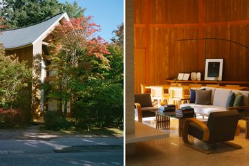 Pair of photos from Shishi-Iwa house, one showing an exterior, and one showing a wood paneled lounge area