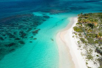 Aerial of Shoal Bay Beach umbrella's, Anguilla