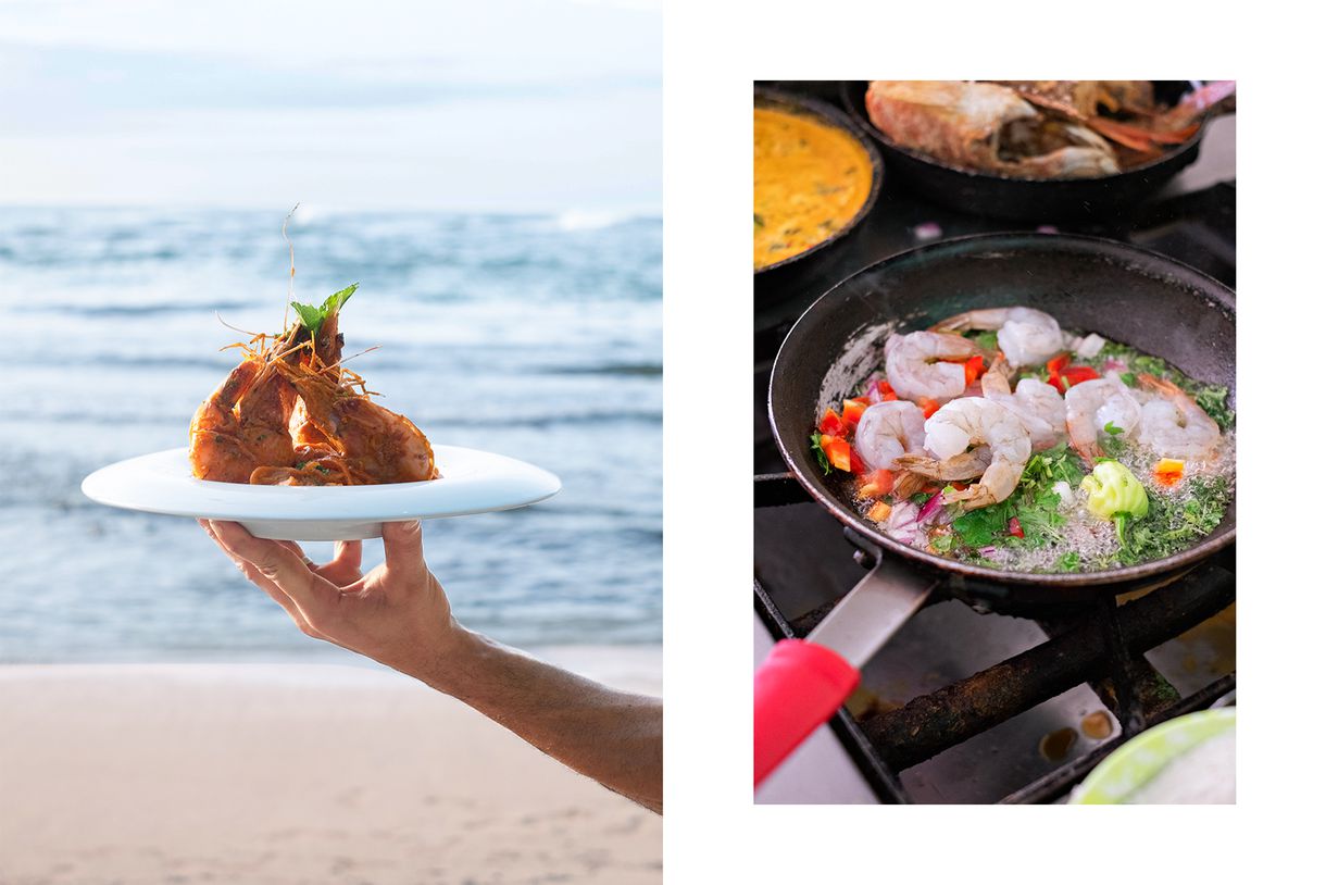 Pair of photos from Costa Rica, showing a plated shrimp dish, and shrimp cooking in a skillet