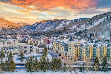 Downtown Aerial view of Vail, Colorado during sunset