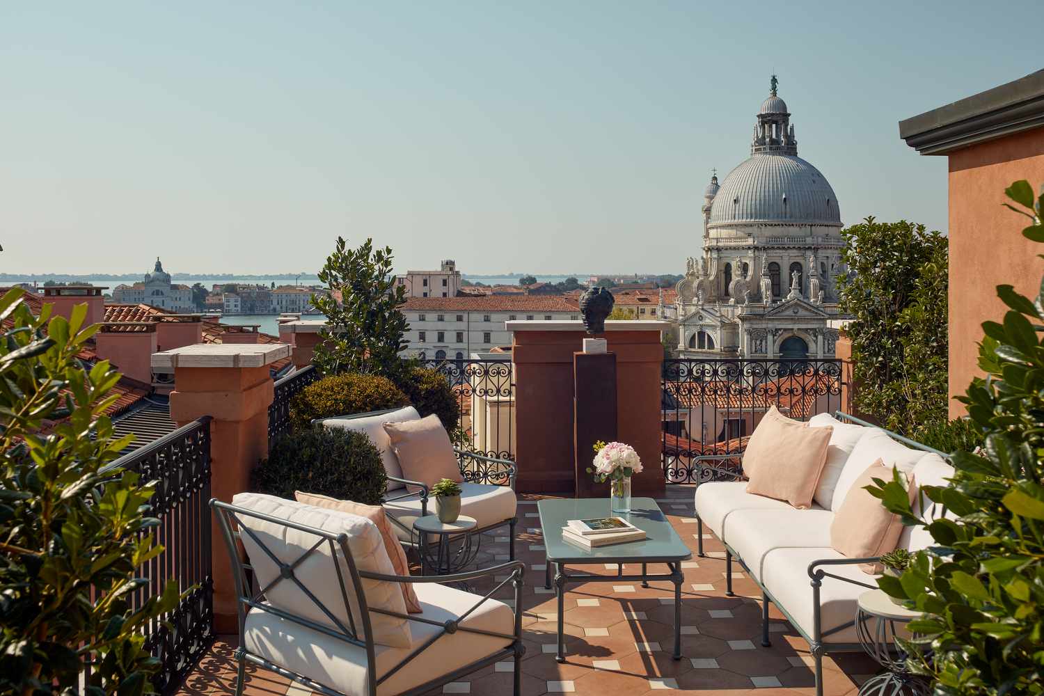 Outdoor terrace with view of city at St. Regis Venice