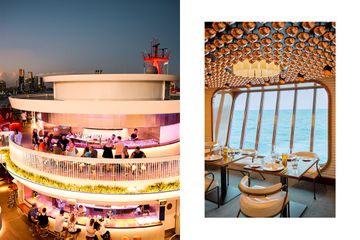 People sitting at a bar on a cruise ship; a dining room at a restaurant on a cruise ship