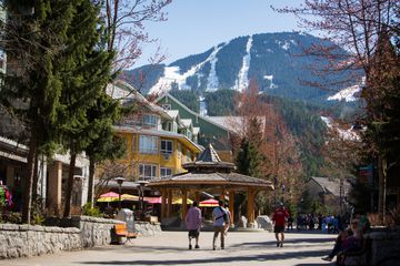Pedestrians walk through Whistler Village in front of Vail Resorts Inc.