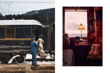 Pair of photos of the Venice Simplon Orient Express train, one showing a porter helping a woman board, and one showing the snowy landscape from a window