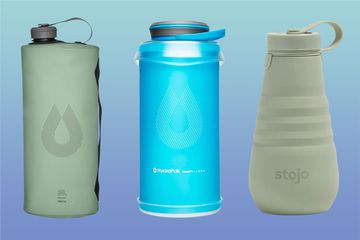 Collage of collapsible water bottles we recommend on a blue background