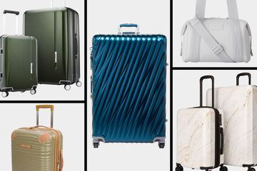 Collage of luggage suitcases and a bag on a white background